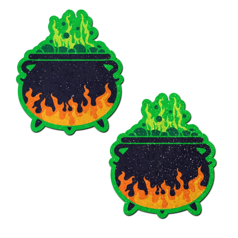 Cauldron: Black & Green Flaming Bubbling Witches Brew Nipple Pasties by Pastease