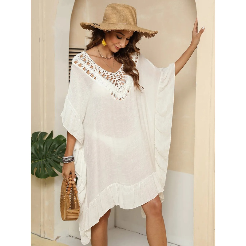 Cutout Ruffled Half Sleeve Cover-Up Ivory One Size