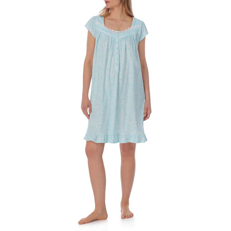 Eileen West Short Capsleeve Nightgown Small Aqua Floral