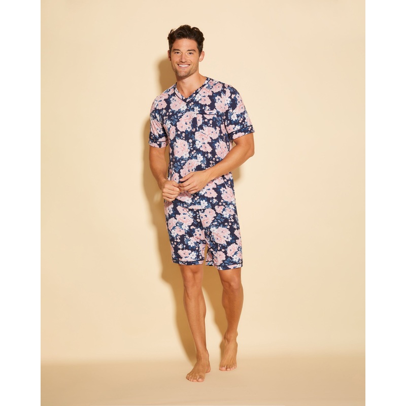 Men’s Short Sleeve Top & Shorts Pajama Set Navy Oversize Floral/Navy S