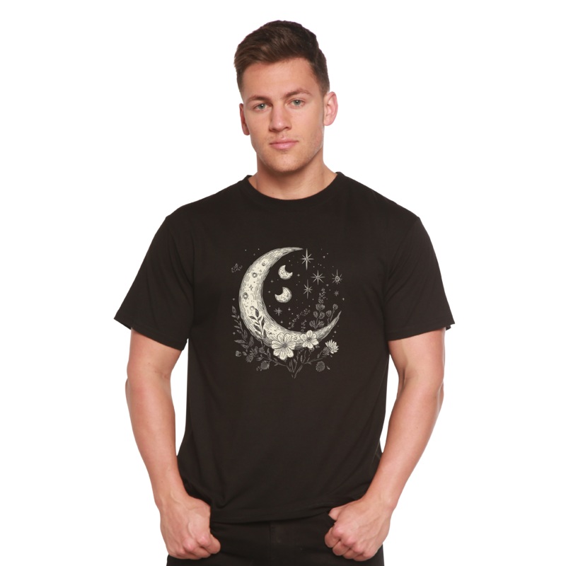 Moons and Stars Boho Flowers Vintage Unisex Bamboo/Cotton Graphic T-Shirt Small Black