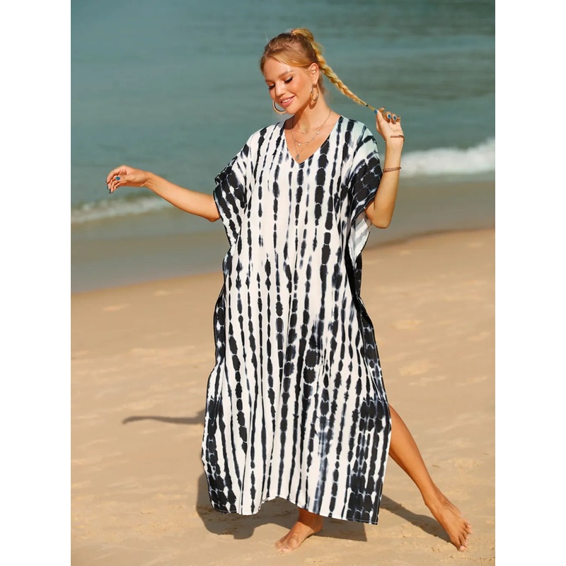 Tie-Dye V-Neck Half Sleeve Cover-Up Black One Size
