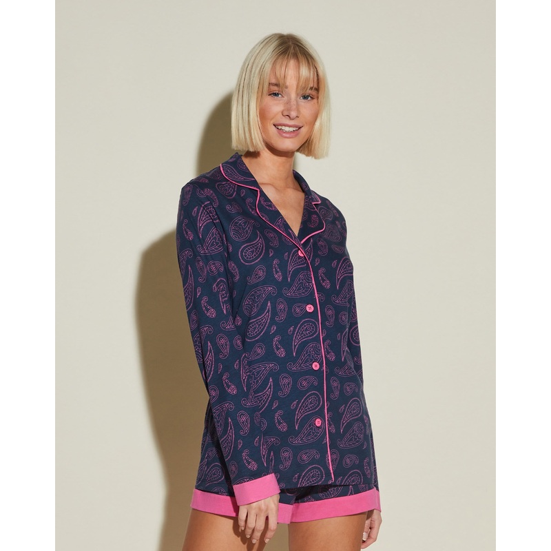 Bedrucktes Langrmeliges Top & Boxer Pyjama-Set Navy Paisley XS