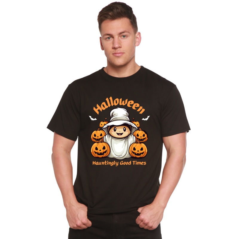 Halloween Hauntingly Good Times Day Men’s Bamboo Viscose/Organic Cotton Short Sleeve Graphic T-Shirt Medium Black