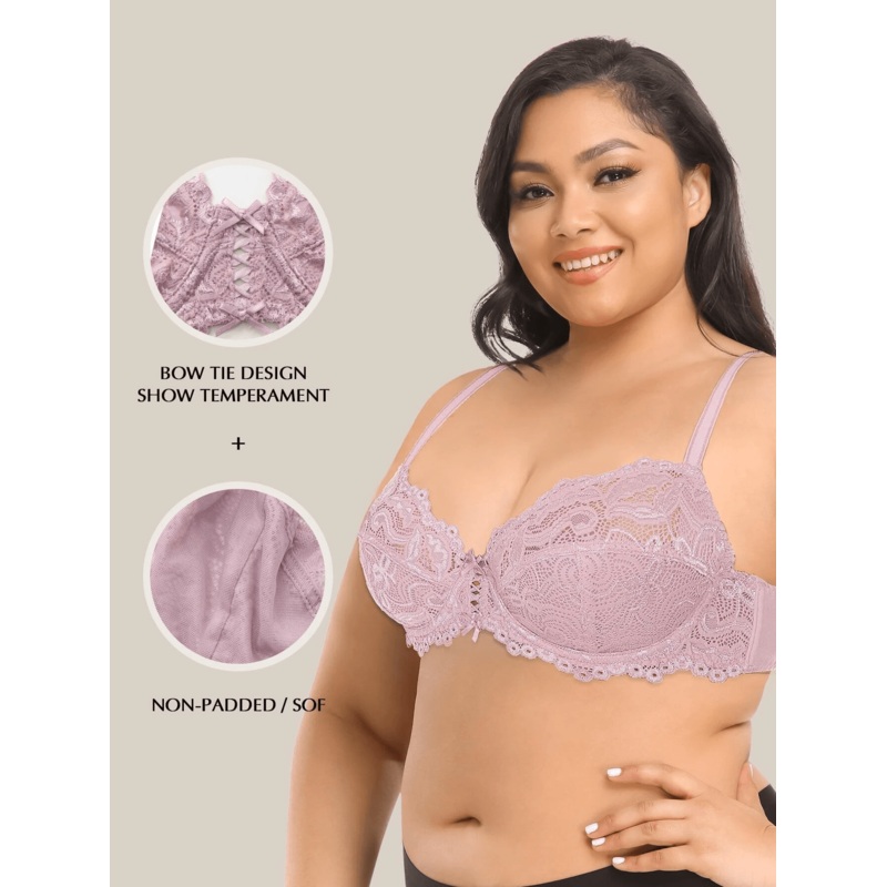 Full Coverage Sheer Lace Underwire Plus Size Bra Purple 32B/70B
