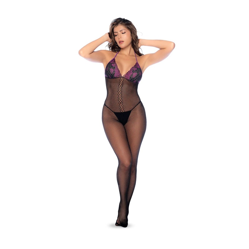 Whispered Lace Fishnet Bodystocking – Os – Black/purple