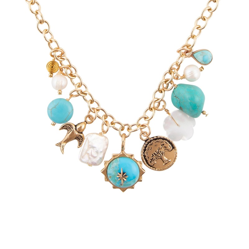 Blue Turquoise and White Pearl Multi Charm Golden Necklace