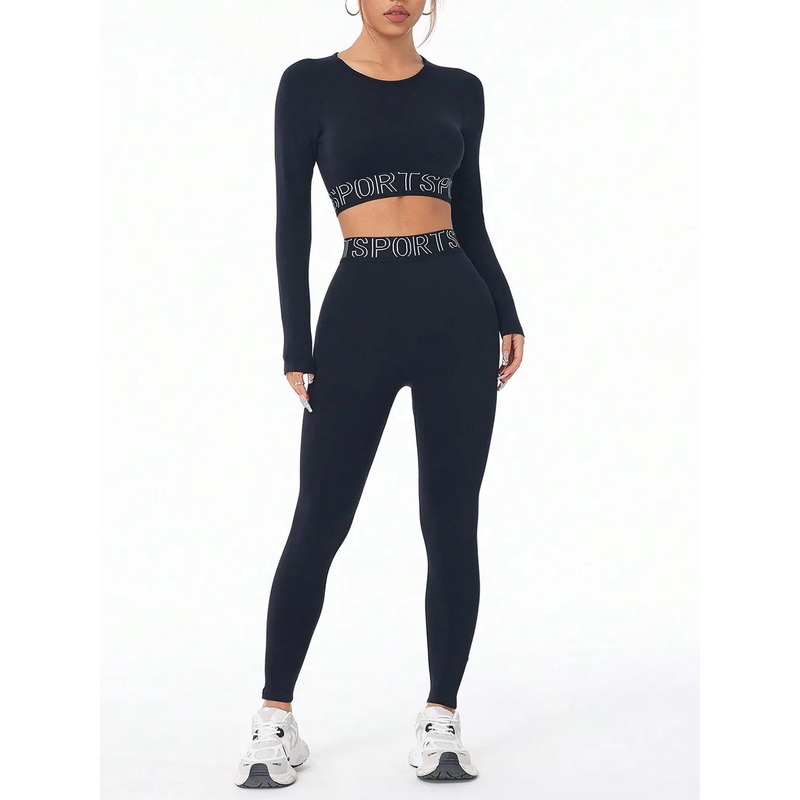 Letter Print Round Neck Long Sleeve Top and Leggings Active Set Black S