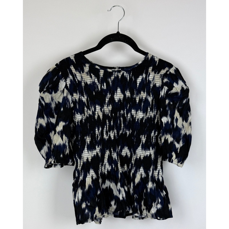 Blue Abstract Print Smocked Blouse – Small