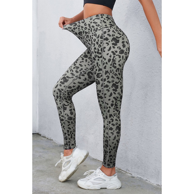 Leopard Print Wide Waistband Leggings Dark Gray S