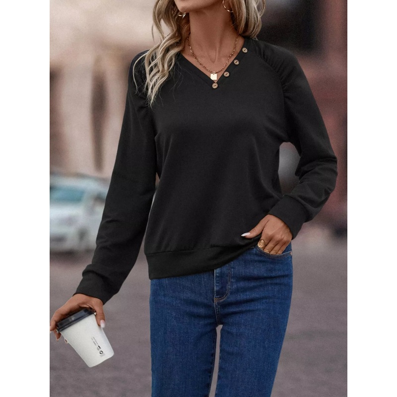 V-Neck Long Sleeve T-Shirt Black S