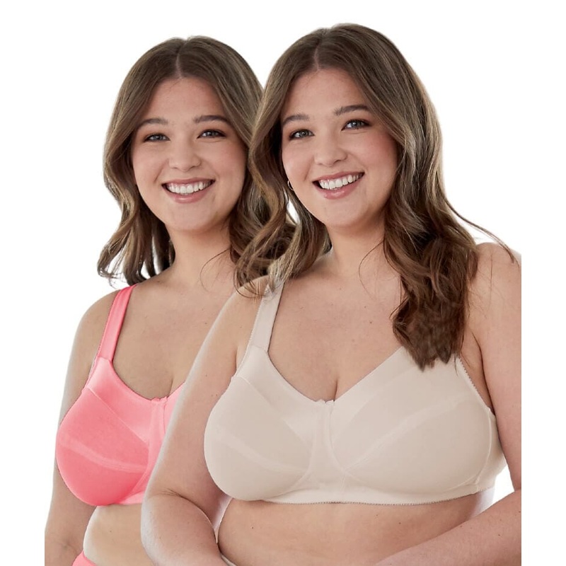 Bestform Satin Trim Wire-Free Cotton Bra With Unlined Cups 2 Pack – Dark Pink/Nude 36B