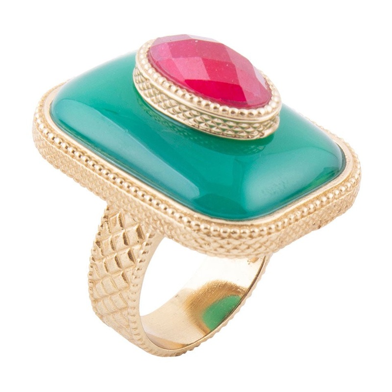Green Onyx Stacked Red Stone Golden Statement Ring 7
