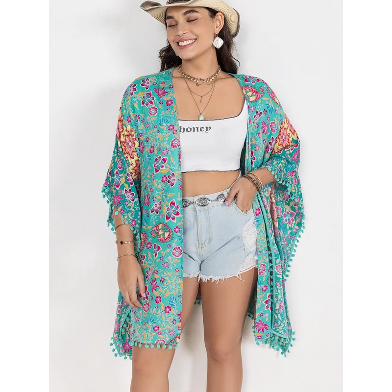 Plus Size Printed Open Front Cover-Up Turquoise 0XL