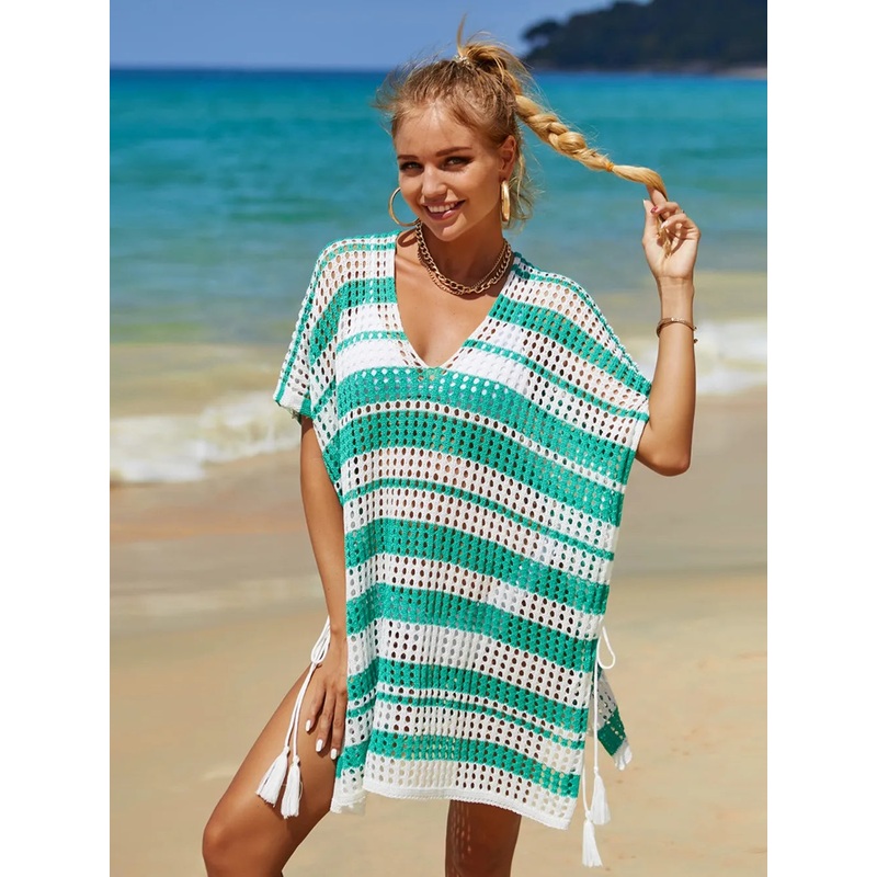 Angel Wings Tassel Openwork Striped V-Neck Cover Up Turquoise One Size