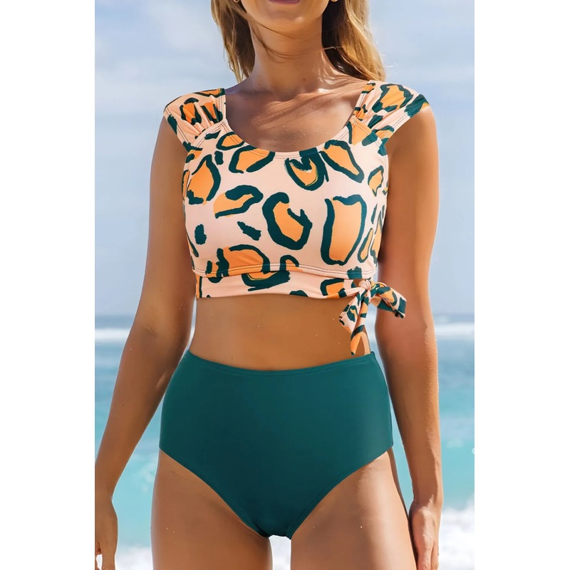 Leopard Print U Neck Knotted High Waist Bikini Set Dark Green S