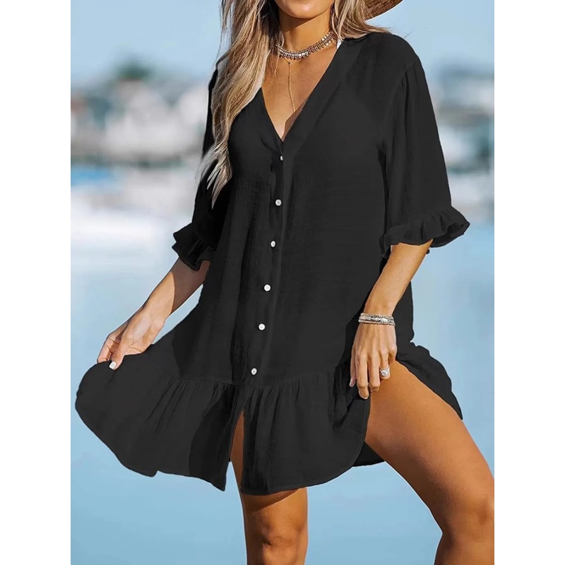 V-Neck Button Down Beach Cover Up Dress Black S