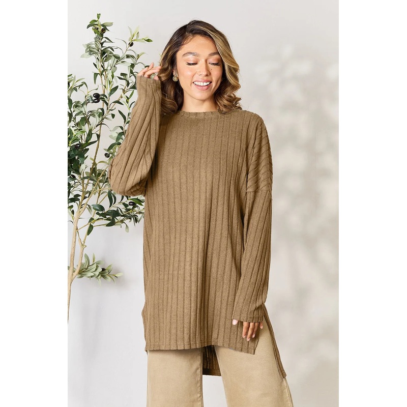 Basic Bae Full Size Ribbed Round Neck Long Sleeve Slit Top Khaki S