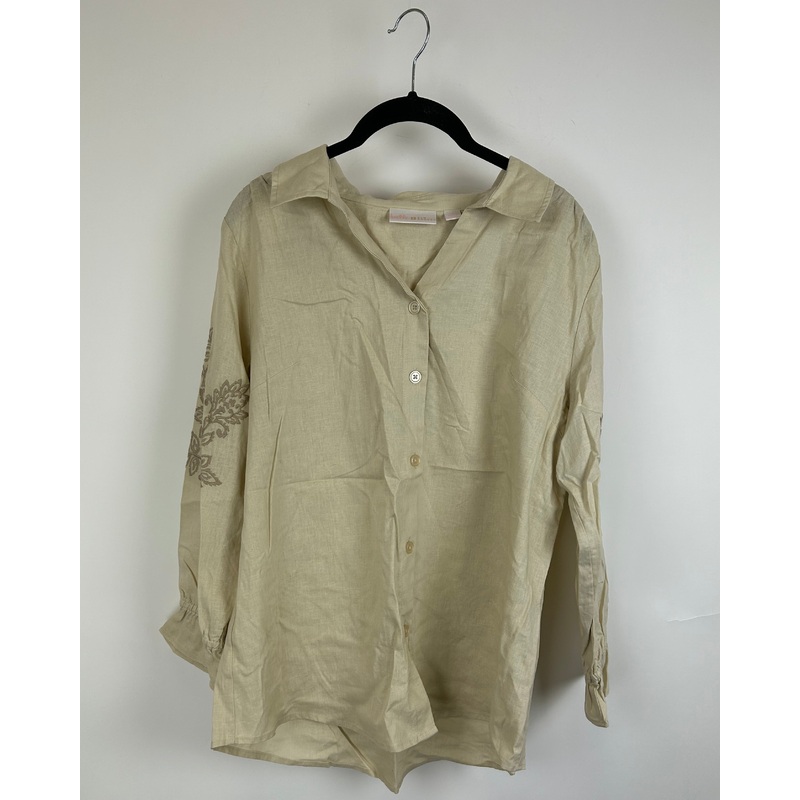 Beige Button-Up Shirt with Embroidered Sleeve- Size 6/8