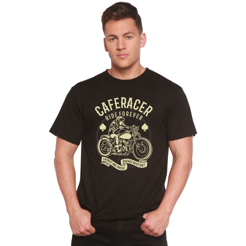 Caferacer Ride Forever Men’s Bamboo Viscose/Organic Cotton Short Sleeve Graphic T-Shirt Medium Black