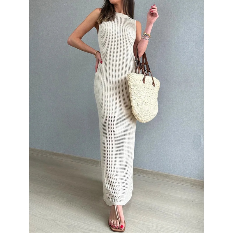 Openwork Slit Round Neck Cover-Up Beige S