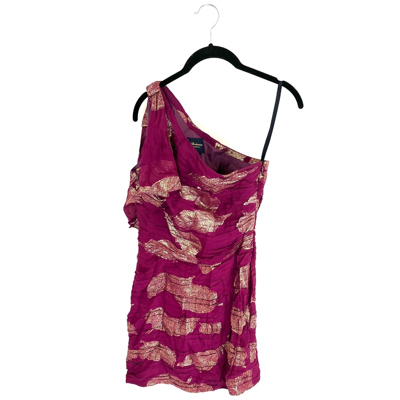 Plum & Gold Leaf Patterned Cocktail Dress – Size 4