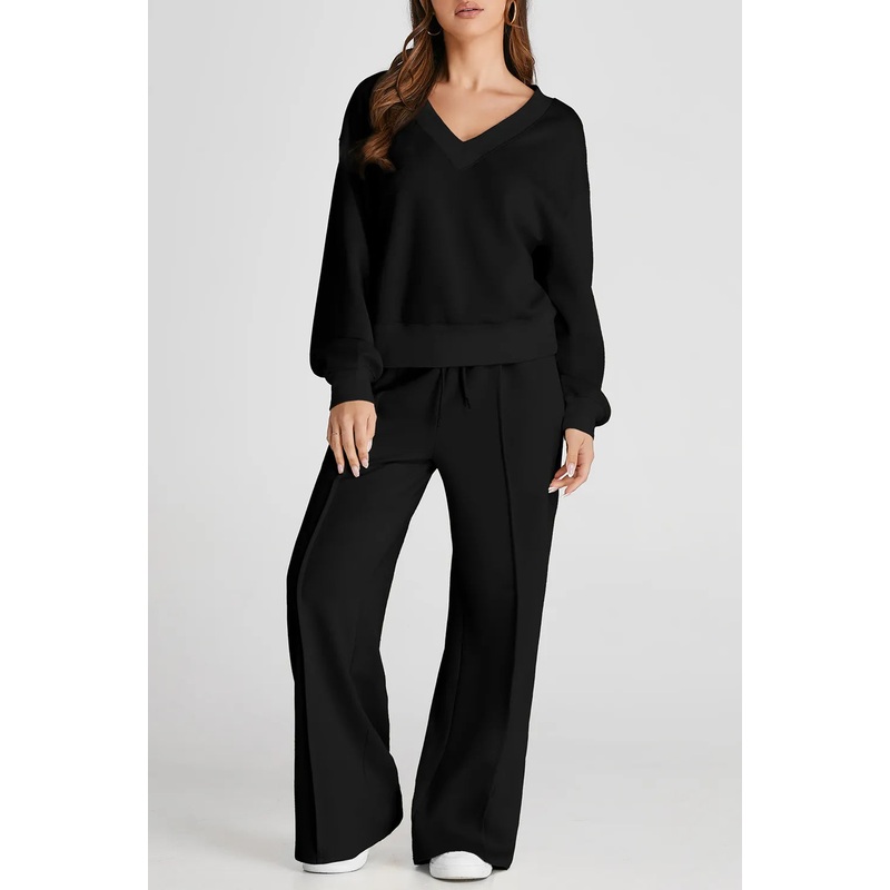 V-Neck Long Sleeve Top and Pants Active Set Black S