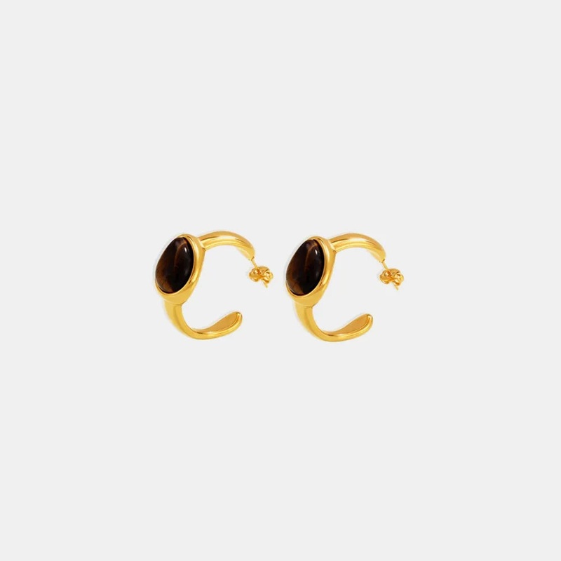 Stainless Steel Natural Tiger’s Eye C-Hoop Earrings Gold One Size