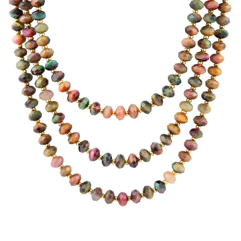 Jeweled Multi-Color Tiger’s Eye Triple Strand Golden Necklace
