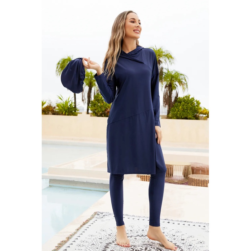 Cap, Long Sleeve Hooded Top and Pants Swim Set Dark Blue S
