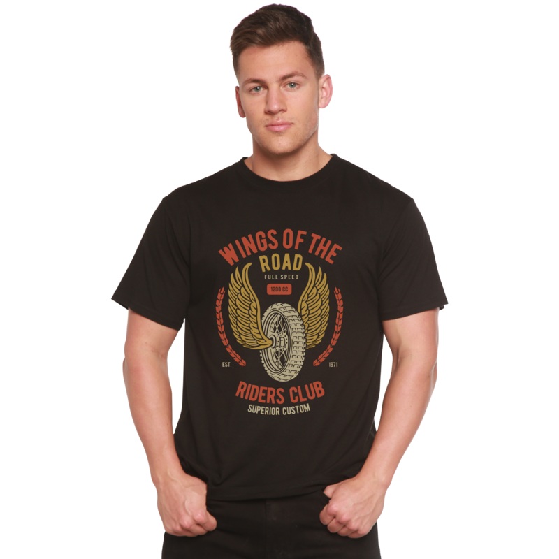 Wings Of The Road Spun Bamboo Men’s Bamboo Viscose/Organic Cotton Short Sleeve Graphic T-Shirt Medium Black