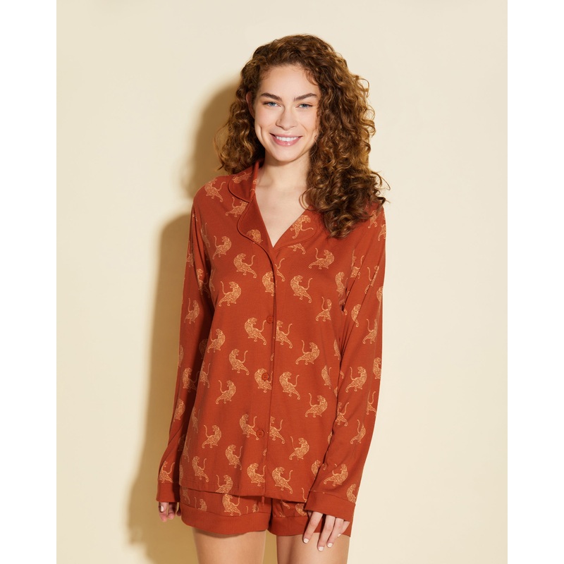 Bedrucktes Langrmeliges Top & Boxer Pyjama-Set Sahara Tiger XS
