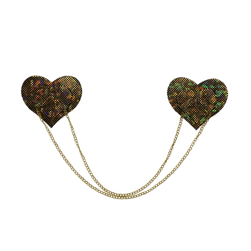 Chains: Gold Shattered Disco Ball Heart with Gold Chains Nipple Pasties by Pastease