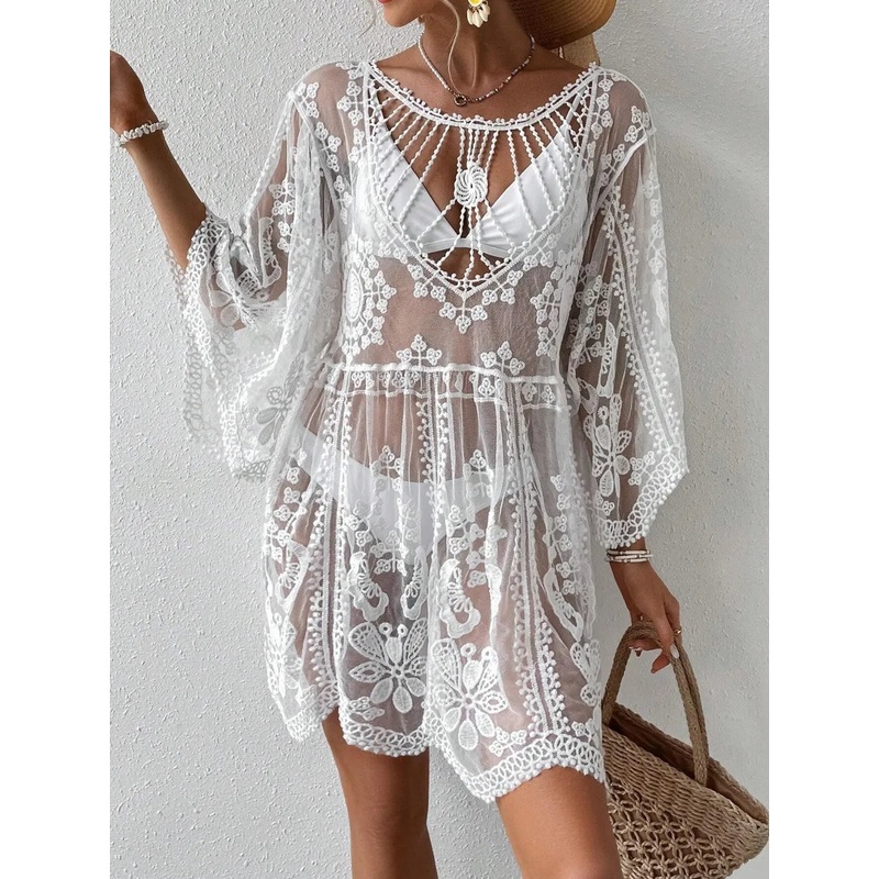 Lace Round Neck Cover-Up White One Size