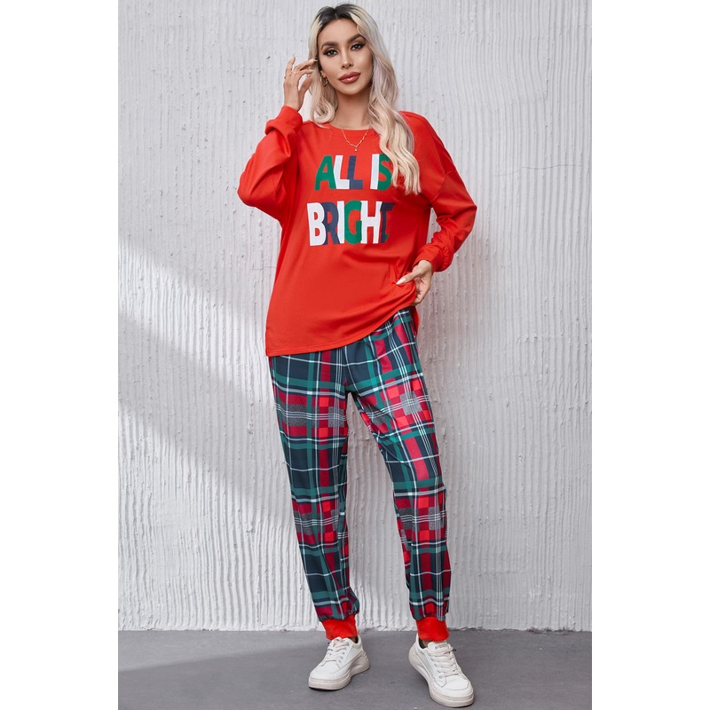 ALL IS BRIGHT Round Neck Top and Plaid Pants Lounge Set Red S