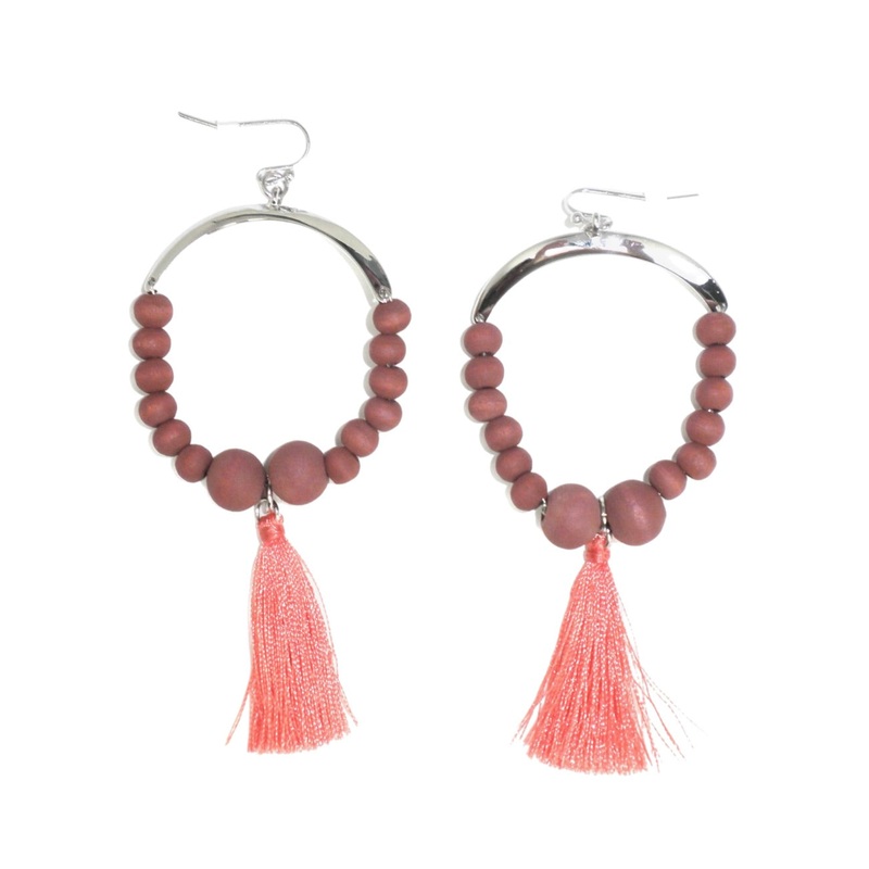 Dangling Earrings with Mauve Beads and Pink Tassel