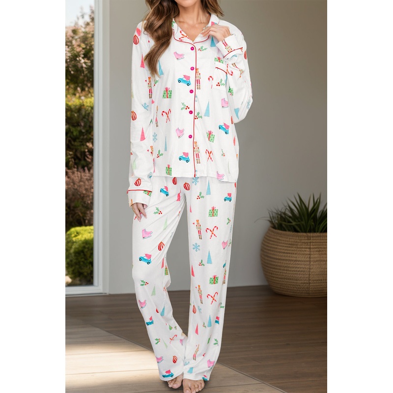 Printed Collared Neck Long Sleeve Top and Pants Lounge Set White S