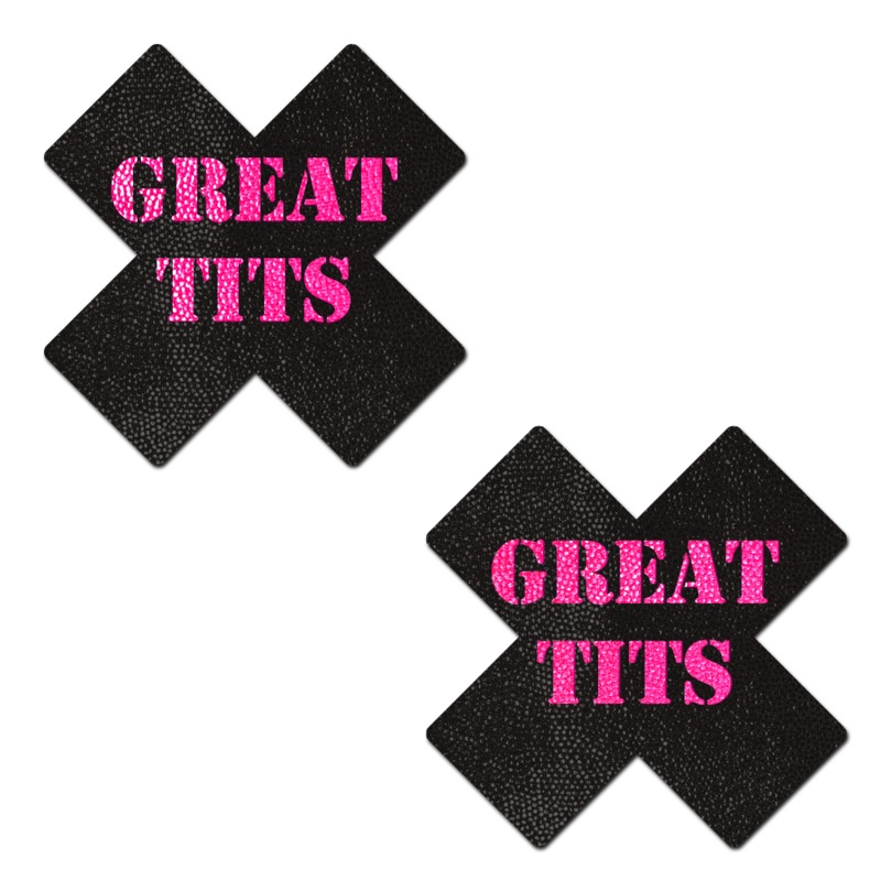 Plus X: Black with Pink ‘Great Tits’ Cross Nipple Pasties by Pastease o/s