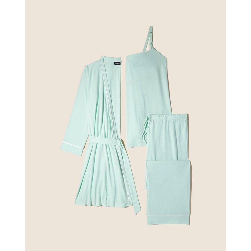 Pyjama-Set Fr Schwangere, 3-Teilig, Mit Bademantel Lagoon Mint/Ivory S