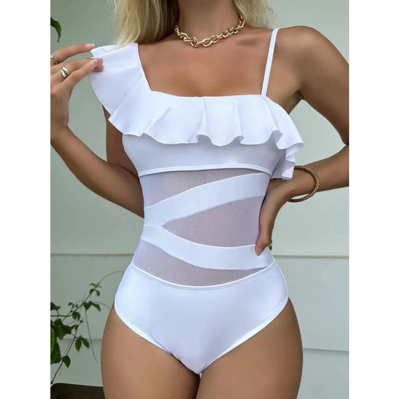Asymmetrical Ruffled One-Piece Swimwear White S
