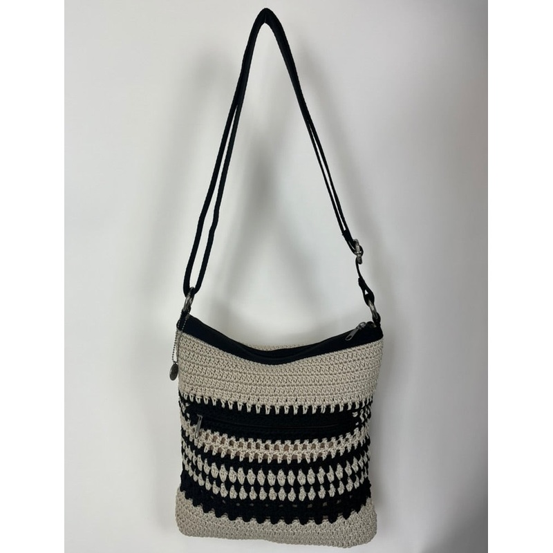 Beige and Black Crochet Crossbody Bag