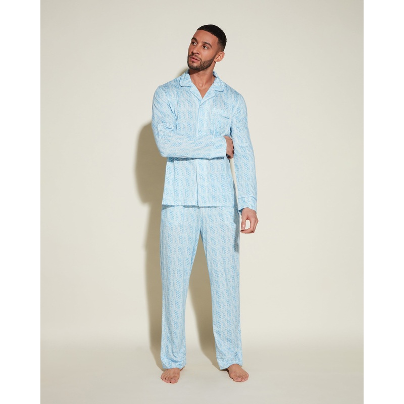 Klassisches Langrmeliges Top & Hose Pyjama-Set Fr Mnner India Diamond/ Aasmani Blue S