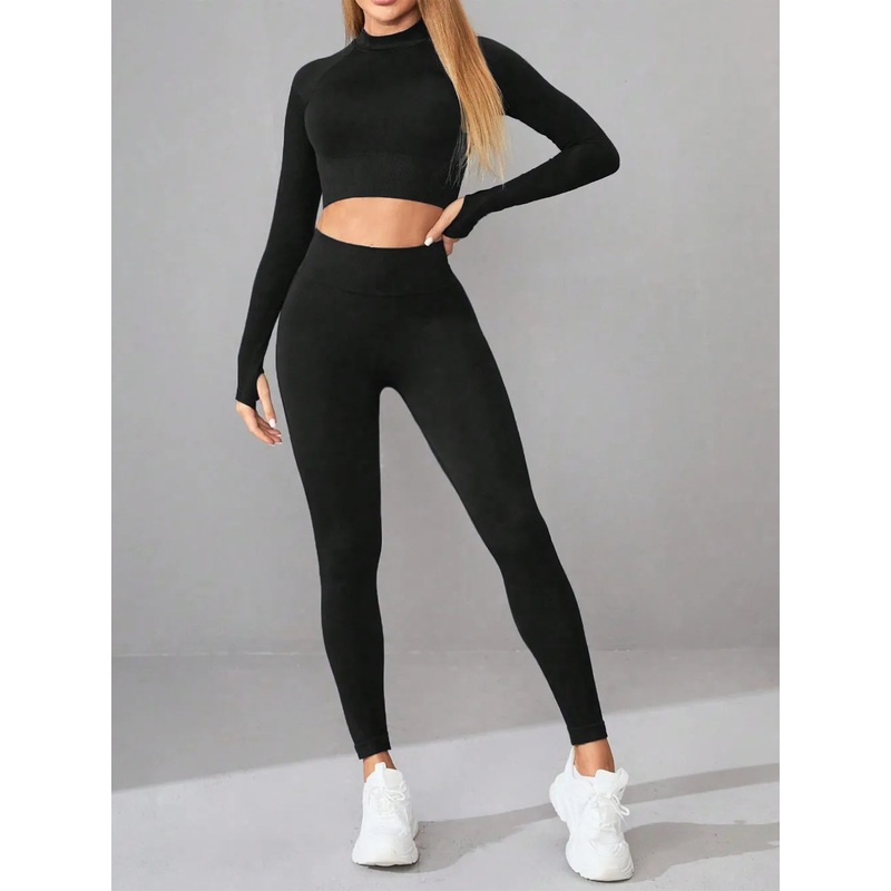 Mock Neck Long Sleeve Top and Leggings Active Set Black S