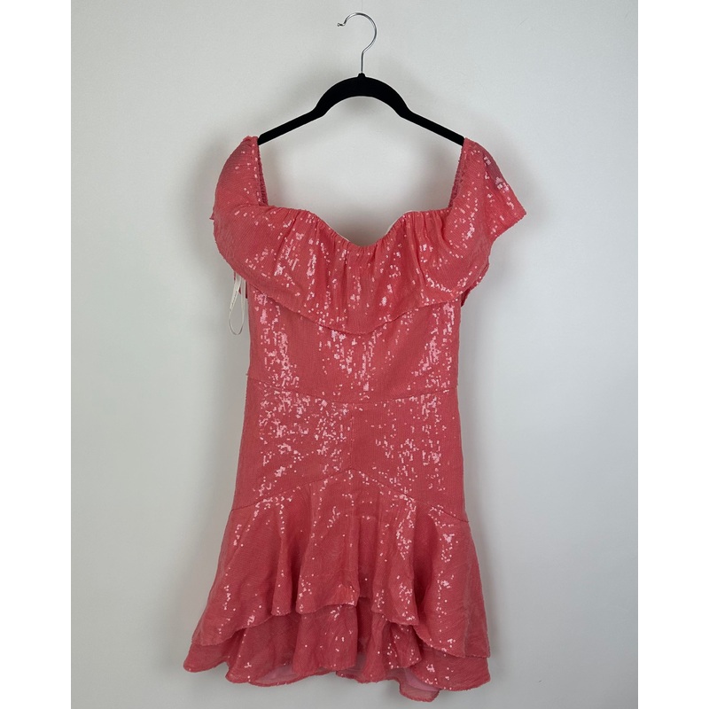 Coral Sequin Ruffle Off the Shoulder Mini Dress – Size 4/6