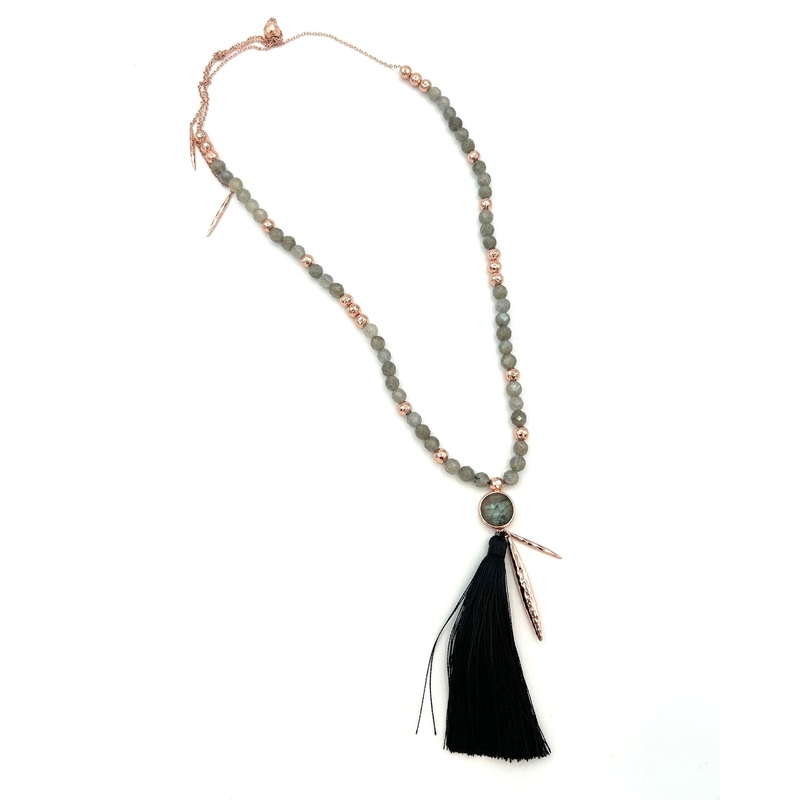 Grey and Rose Gold Beaded Necklace with Tassel