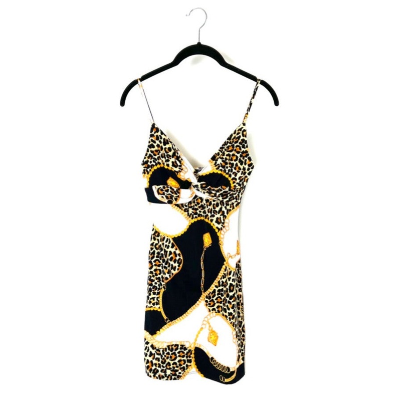 Leopard And Gold Chain Printed Mini Dress – Extra Small And Small Extra Small