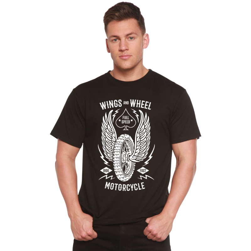 Wings And Wheel Spun Bamboo Men’s Bamboo Viscose/Organic Cotton Short Sleeve Graphic T-Shirt Medium Black