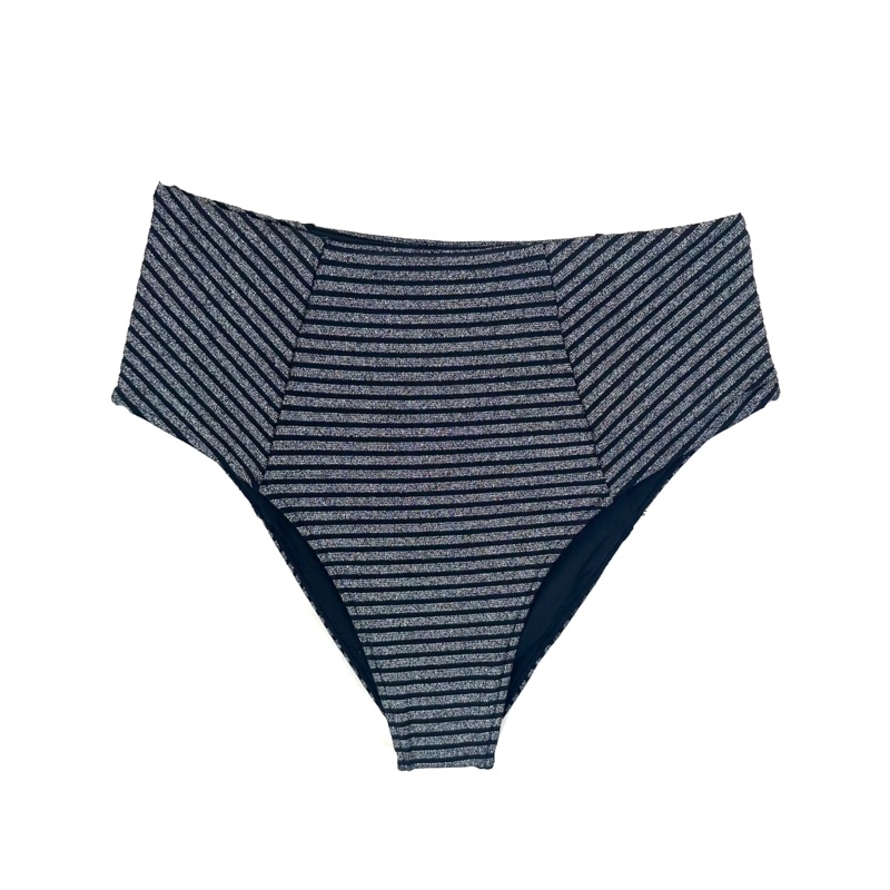 Metallic Black High Waist Moderate Coverage Bikini Bottom – XS, S, M, XL, XXL Extra Small (Size 0/2)