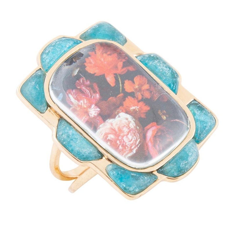 Scenic Red Florals Blue Apatite Golden Statement Ring 7