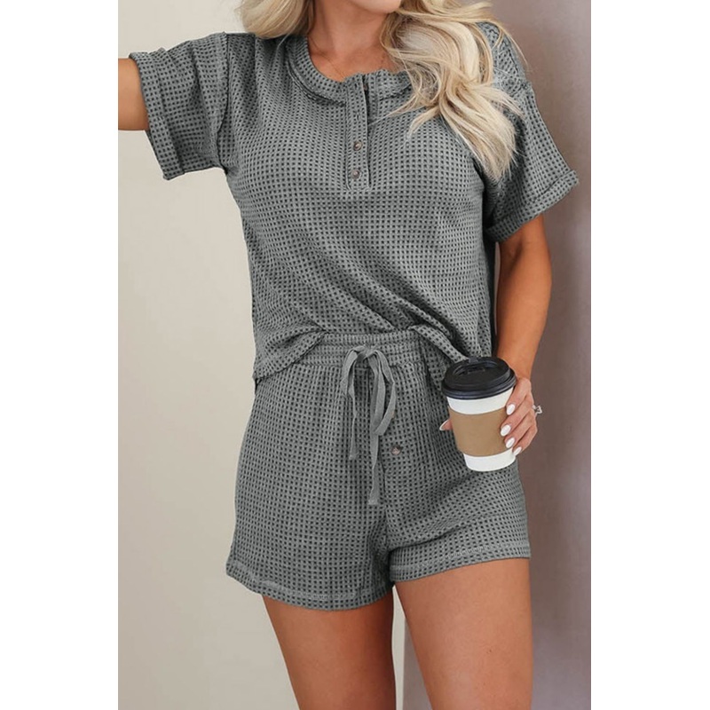 Waffle-Knit Short Sleeve Top and Shorts Lounge Set Dark Gray S